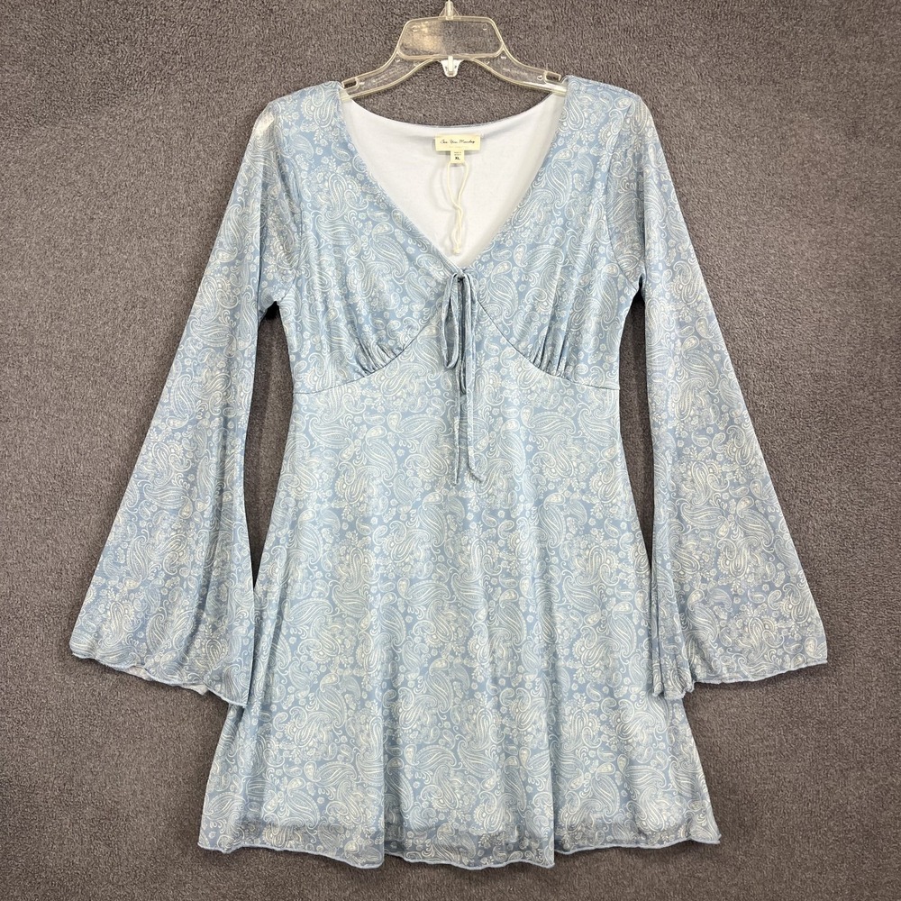 See You Monday Baby Blue Mesh Dress Womens Youth XL Paisley stretch bell sleeve‎